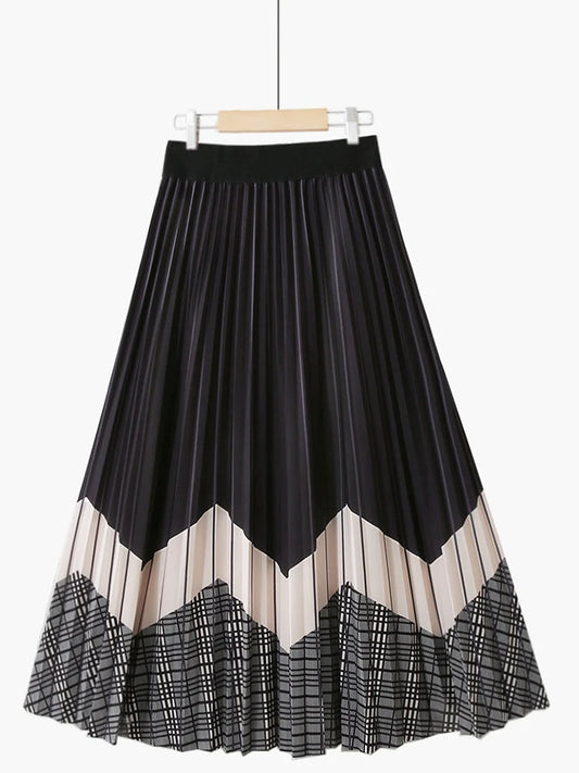 TIGENA Contrast Color Print Mid-length Skirt Women 2022 Autumn Vintage Plaid A Line High Waist Pleated Midi Long Skirt Female